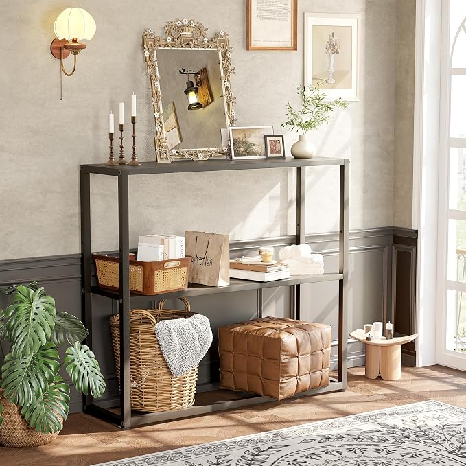 TIQLAB Small Entryway Table, 29.5" Narrow Console Table with Shelves, Black