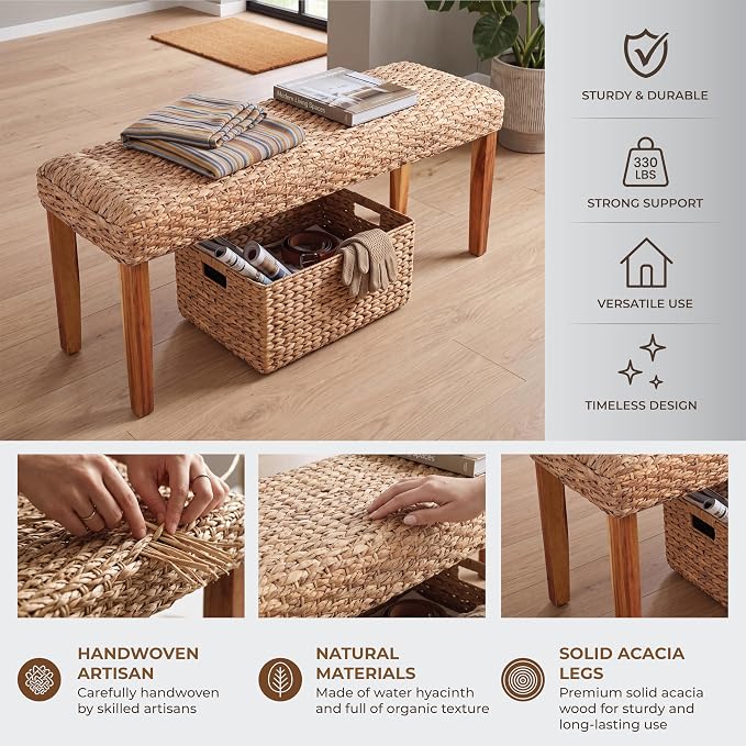 Indoor Wicker Bench 47" Solid Wood Acacia & Natural Woven Seat, Natural Leg