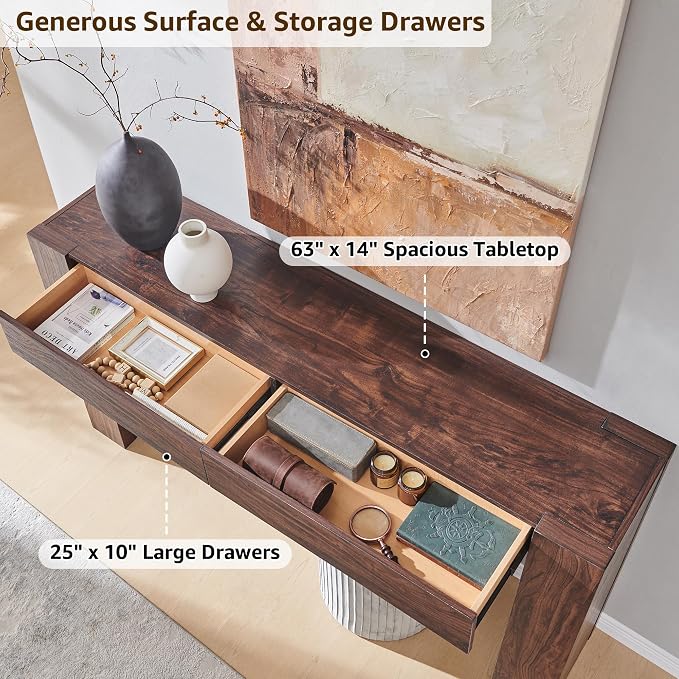 OKD 63" Console Table with Drawers, Thick Block Entryway Table, Walnut