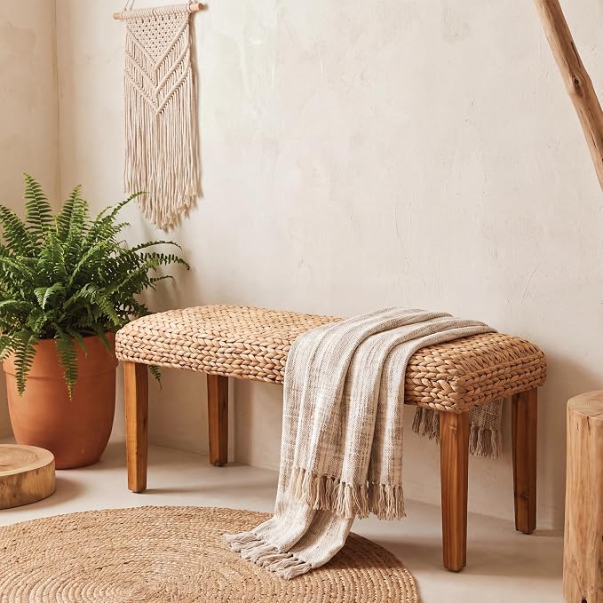 Solid Wood Acacia Indoor Bench, 47 Inch Water Hyacinth Seat, Fishbone Style