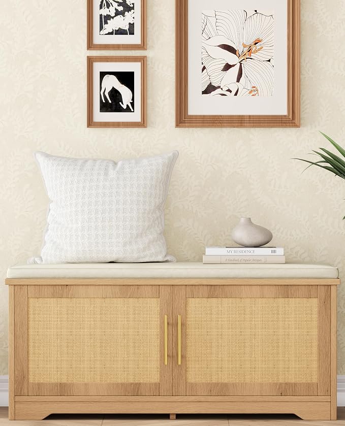 Rattan Shoe Storage Bench, 39.4" Wide Entryway Bench, Natural Oak