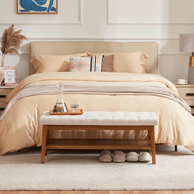 HUIMO Upholstered Entryway Shoe Bench, Button Tufted End of Bed Bench,Beige