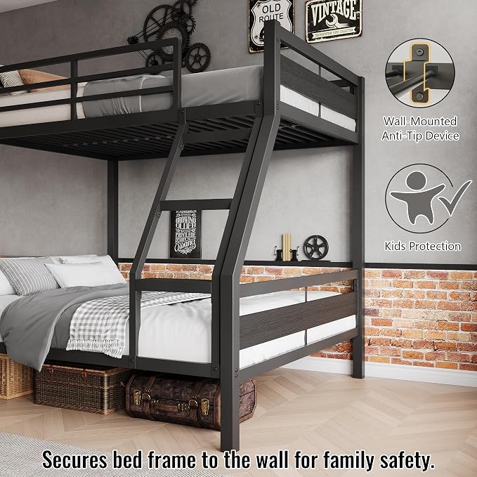 Feonase Metal Bunk Bed Twin Over Full with Ladder and High Guardrail, Heavy-Duty Metal Slats Support, Noise Free, No Box Spring Needed, for Kids and Juniors, Black