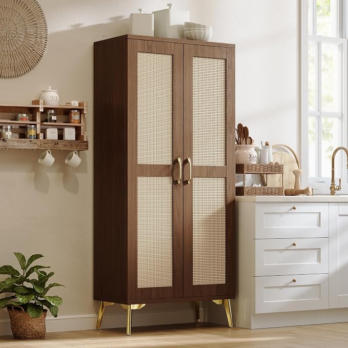 JASIWAY Tall Bathroom Storage Cabinet 57" Rattan Pantry Cabinet, Walnut | With Doors and Adjustable Shelves, Freestanding Linen Closet & Wardrobe for Bathroom Laundry Bedroom, Anti-Tipping Device