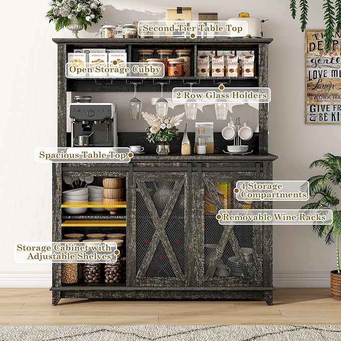 47"Wide 56"H Farmhouse Coffee Bar Cabinet with Power Outlet and LED Light,Wine Bar Cabinet w/3 Storage Hutch,Kitchen Buffet Cabinet with 10 Wine and Glass Racks for Kitchen Dining Room(Dark Oak)