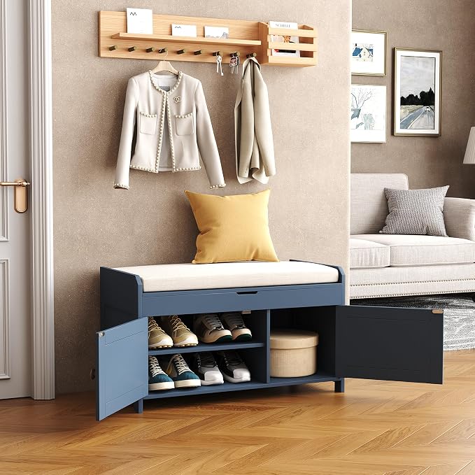 HOMEFORT 30" Shoe Bench with Lift Top Storage, Entryway Bench with Cushioned Seat, Wooden End of Bed Bench, Shoe Cabinet Bench with Hidden Storage Space, for Bedroom, Hallway, Blue