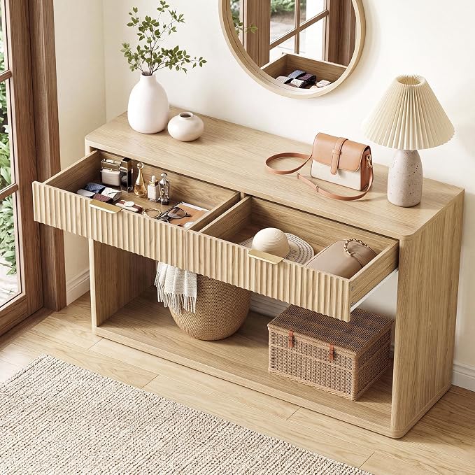 IRONCK 47" Fluted Console Table for Entryway with 2 Large Drawers, Oak