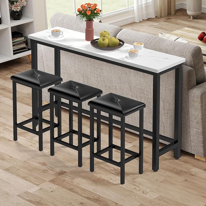 HUGROVE 4-Piece Bar Table and Chairs Set with 3 PU Upholstered Bar Stools, 60.2" Faux Marble Table Top, Modern Counter Height Table for Kitchen, Living Room, Party Room, Small Space, Pub (Black)