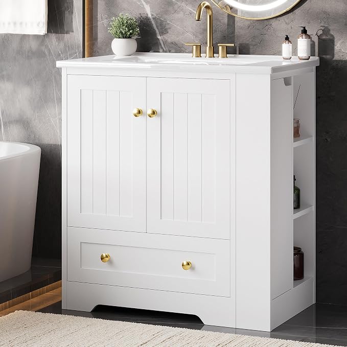 IRONCK Bathroom Vanity with Ceramic Sink, 30" Bathroom Cabinet, White | Features a Ceramic Sink, 3 Doors, 1 Drawer and Flexible Side Storage for Organized Bathroom Storage