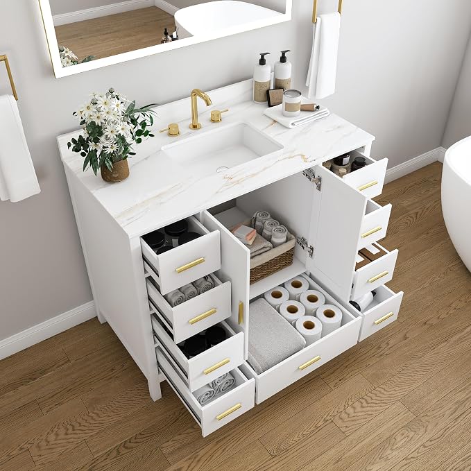 Montary 42" Bathroom Vanity with Sink & 43" Carrara Sintered Stone Top | with 3 Pre-Drilled Faucet Holes, Solid Wood Cabinet, Soft-Close Double Doors & 9 Smooth-Glide Drawers,White