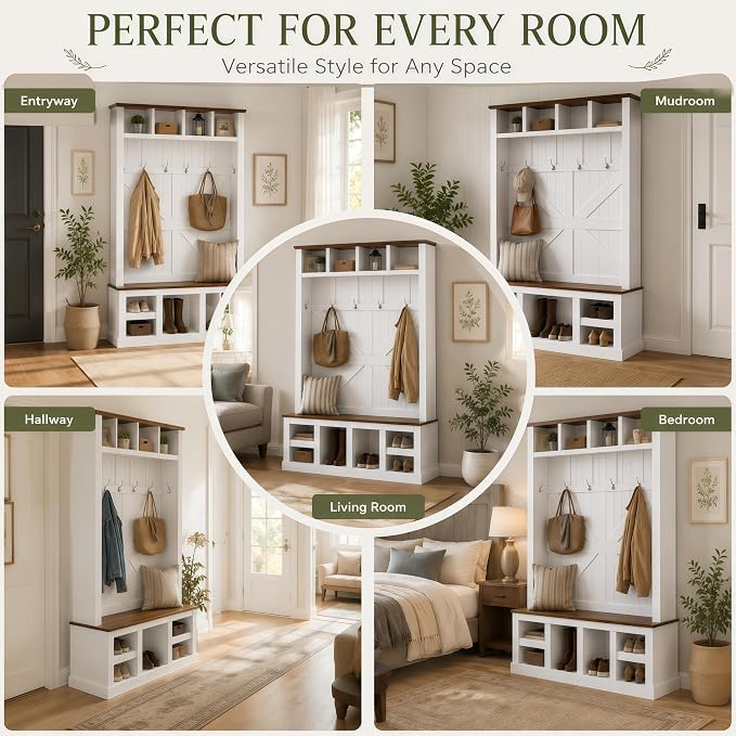 KEIKI 79" Hall Tree with Bench, Farmhouse Entryway Coat Rack, White Walnut