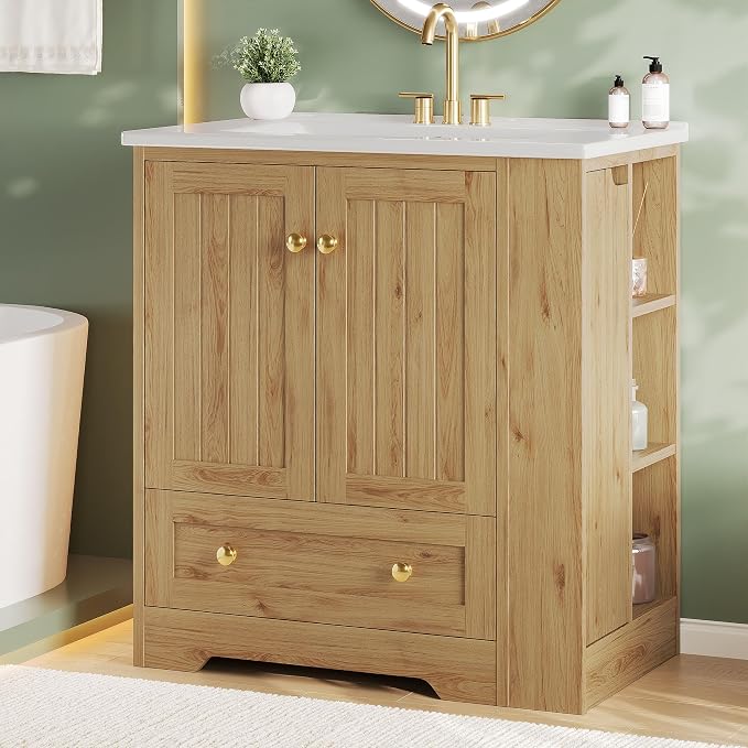 IRONCK Bathroom Vanity with Ceramic Sink, 30" Bathroom Cabinet, Natural | Features a Ceramic Sink, 3 Doors, 1 Drawer and Flexible Side Storage for Organized Bathroom Storage