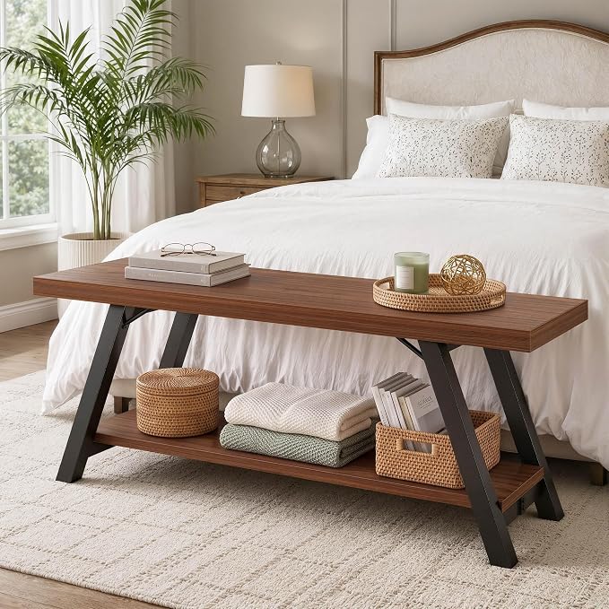 LVB Industrial Entryway Bench with Storage, Wood and Metal Bedroom Bench