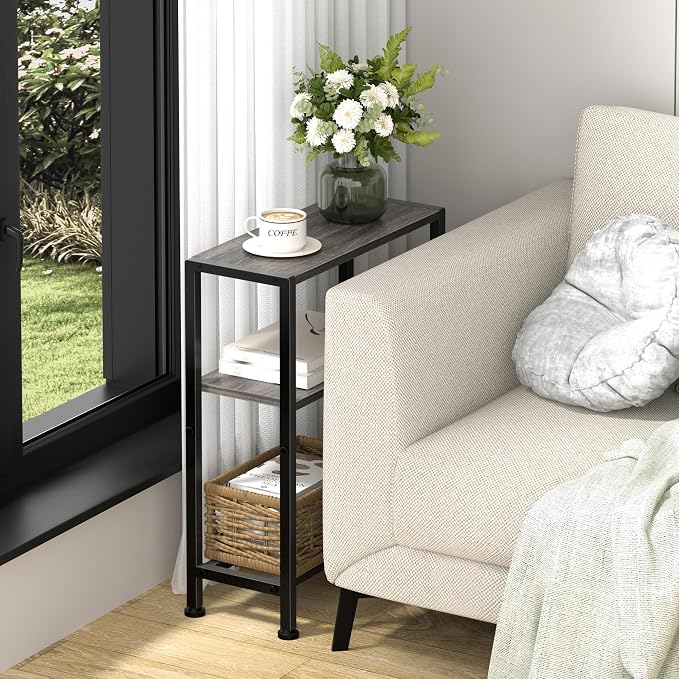 Narrow Side Table Set of 2 for Small Space, 2-Tier Small End Table with Shelf Holder, Slim Nightstand, Skinny Snack Couch Table in Living Room, Bedroom, Study, Kitchen and Balcony (Grey)
