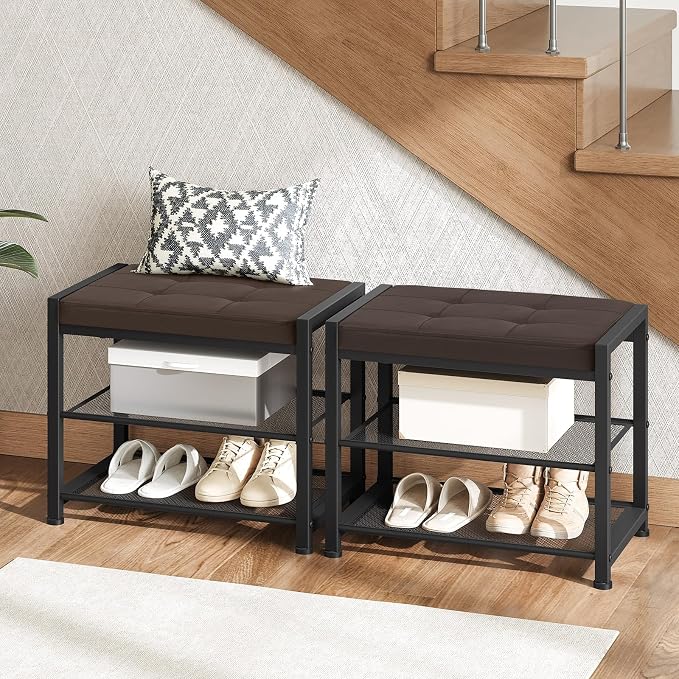 HOOBRO Small Shoe Bench, 3-Tier Shoe Rack, Shoe Storage Bench with PU Seat Cushion, Entryway Shoe Rack Bench with Metal Mesh Shelves, Freestanding Shoe Organizer for Hallway, Brown CB33HX01