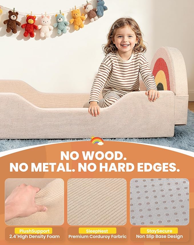 Toddler Bed with Mattress Included, Rainbow Toddler Floor Beds No Assembly Needed, Soft Foam Kids Floor Bed with Fold-Down Rails, No Wood Frame Safety Floor Beds for Boys and Girls Aged 2-8 Years