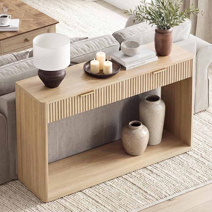 IRONCK 47" Fluted Console Table for Entryway with 2 Large Drawers, Oak