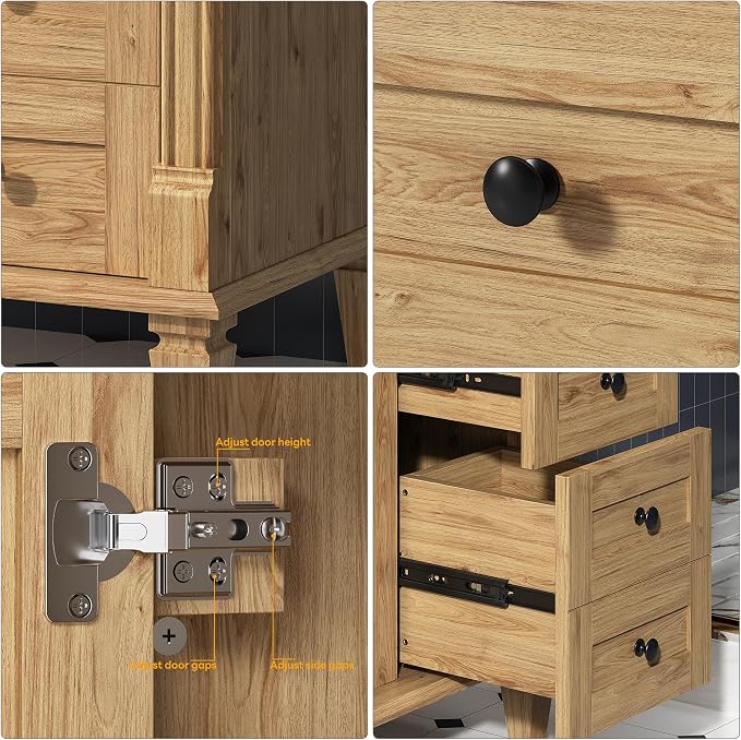 LIKIMIO 30 Inch Bathroom Vanity with Sink, Adjustable Solid Wood Legs | Modern Bathroom Storage Cabinet with Towel Holder, Tip-Out Drawer, 2 Drawers & Adjustable Shelf, Nature