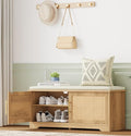 Rattan Shoe Storage Bench, 39.4" Wide Entryway Bench, Natural Oak