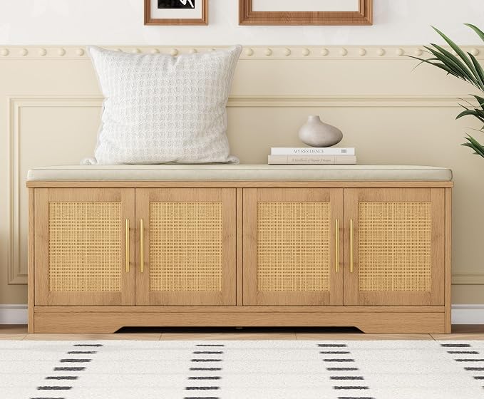 Rattan Shoe Storage Bench, 47.2" Wide Entryway Bench, Natural Oak