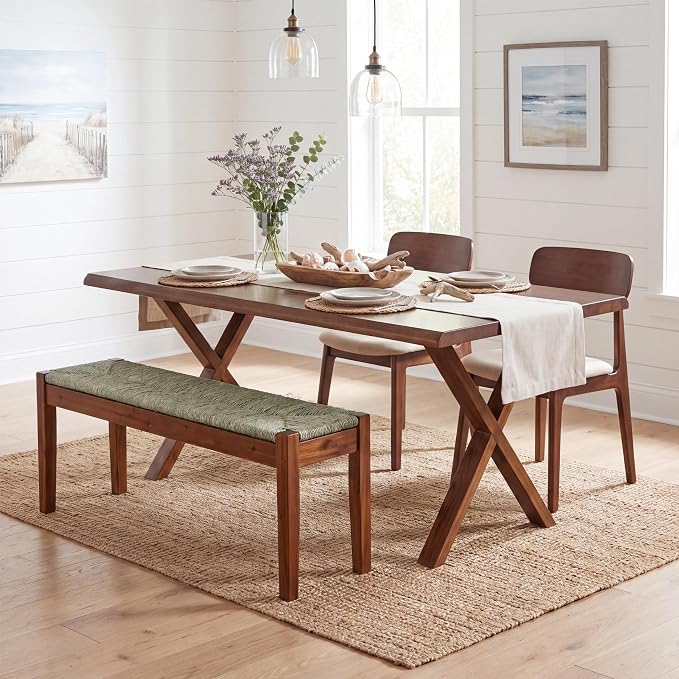 46-Inch Acacia Wood Bench with Natural Seagrass Woven Seat, Indoor Bench