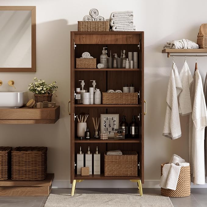 JASIWAY Tall Bathroom Storage Cabinet 57" Rattan Pantry Cabinet, Walnut | With Doors and Adjustable Shelves, Freestanding Linen Closet & Wardrobe for Bathroom Laundry Bedroom, Anti-Tipping Device