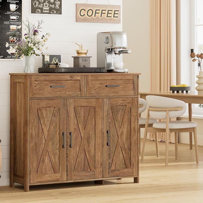 Homhedy Coffee Bar Storage Cabinet with Drawers, Kitchen Buffet Cabinet