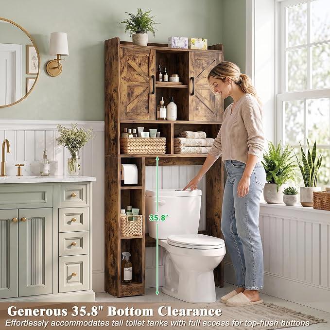 Farmhouse Over The Toilet Storage Cabinet with Barn Door, Reversible Side | 7-Tier Bathroom Organizer, Adjustable Shelves Bottom Bar, Detachable Paper Holder, Anti-Tipping, Laundry Room, Rustic Brown