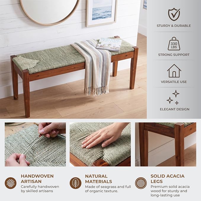46-Inch Acacia Wood Bench with Natural Seagrass Woven Seat, Indoor Bench