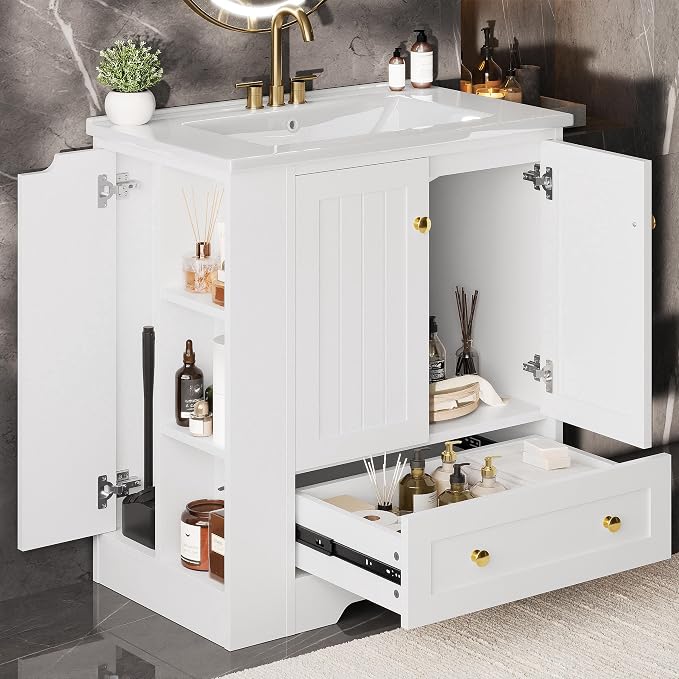 IRONCK Bathroom Vanity with Ceramic Sink, 30" Bathroom Cabinet, White | Features a Ceramic Sink, 3 Doors, 1 Drawer and Flexible Side Storage for Organized Bathroom Storage