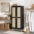 JASIWAY Tall Bathroom Storage Cabinet 57" Rattan Pantry Cabinet, Black | With Doors and Adjustable Shelves, Freestanding Linen Closet & Wardrobe for Bathroom Laundry Bedroom, Anti-Tipping Device