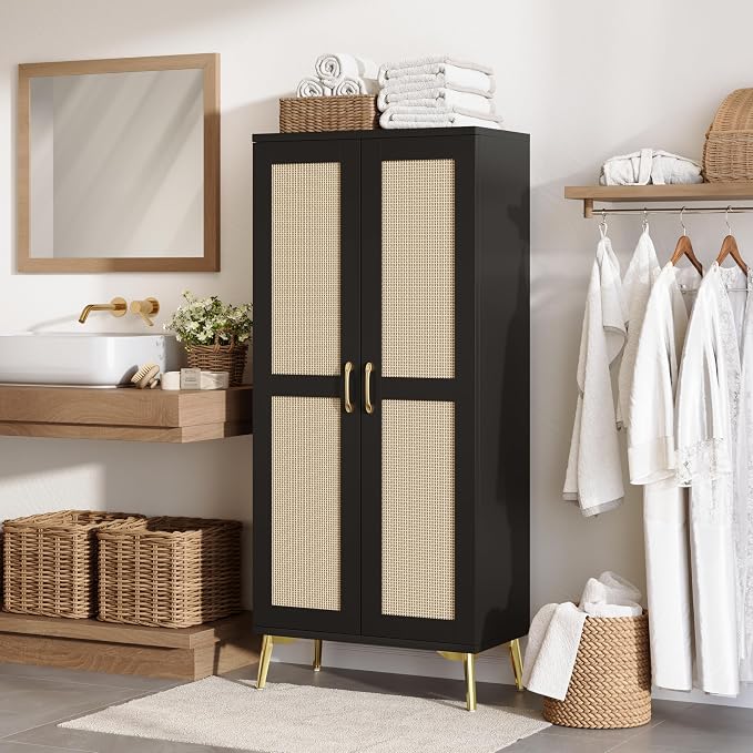 JASIWAY Tall Bathroom Storage Cabinet 57" Rattan Pantry Cabinet, Black | With Doors and Adjustable Shelves, Freestanding Linen Closet & Wardrobe for Bathroom Laundry Bedroom, Anti-Tipping Device