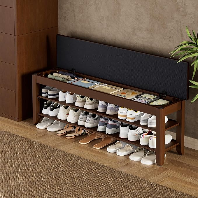 Homleke 47.2" Wide Solid Wood Shoe Rack Bench with Flip-Top Storage