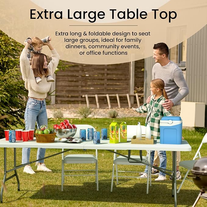 2 PACK of 8 Feet Foldable Table with Built in Handle & Steel Legs | 8 FT Heavy Duty Portable | Perfect for Party, Dining, Wedding, Events, Picnic Indoor, Outdoor, Camping, Temporary - 8 Foot