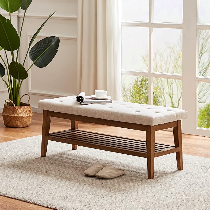 HUIMO Upholstered Entryway Shoe Bench, Button Tufted End of Bed Bench,Beige
