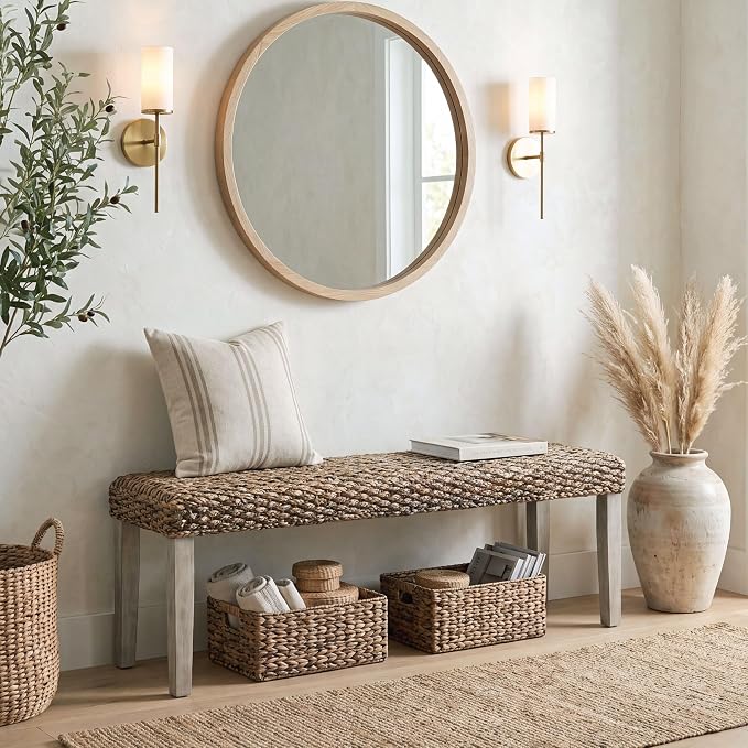 Solid Acacia Wood Bench with Natural Woven Water Hyacinth Seat, Grey Leg
