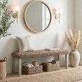 Solid Acacia Wood Bench with Natural Woven Water Hyacinth Seat, Grey Leg