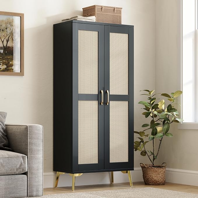 JASIWAY Tall Bathroom Storage Cabinet 57" Rattan Pantry Cabinet, Black | With Doors and Adjustable Shelves, Freestanding Linen Closet & Wardrobe for Bathroom Laundry Bedroom, Anti-Tipping Device