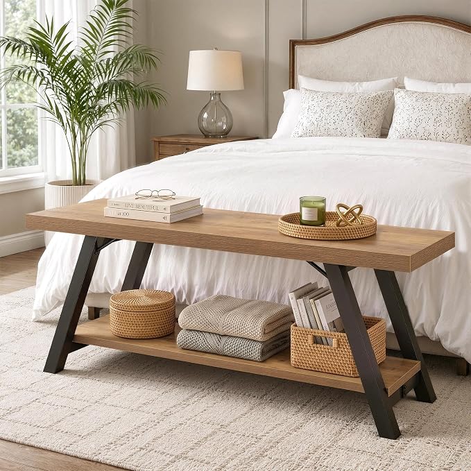 LVB Entryway Bench with Storage, Wood Bench for Entryway, 47 in