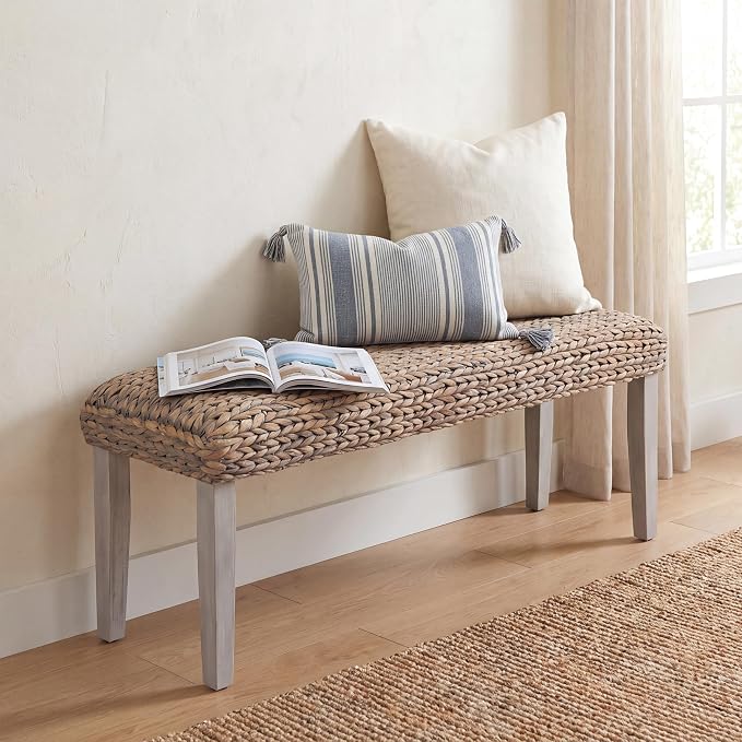 Solid Wood Acacia Indoor Bench, Natural Woven Water Hyacinth Seat, Grey Leg