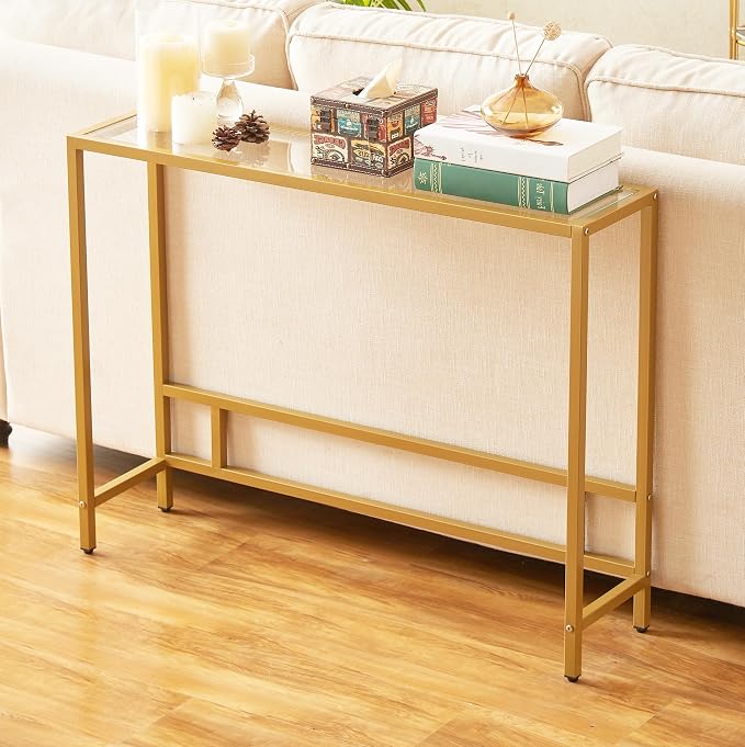 MAJARO Small Modern Console Table for Entryway, Tempered Glass with Metal Frame Sofa Table for Living Room, Hallway, Office (Single-Layer, Gold)