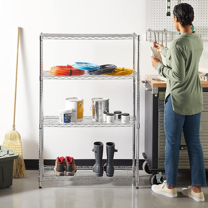 Amazon Basics 4-Shelf Adjustable Heavy Duty Steel Wire Rack Storage Shelving Unit for Kitchen, Garage, Easy Assembly, 350 lbs Per Shelf, 36" x 14" x 54", Chrome Silver