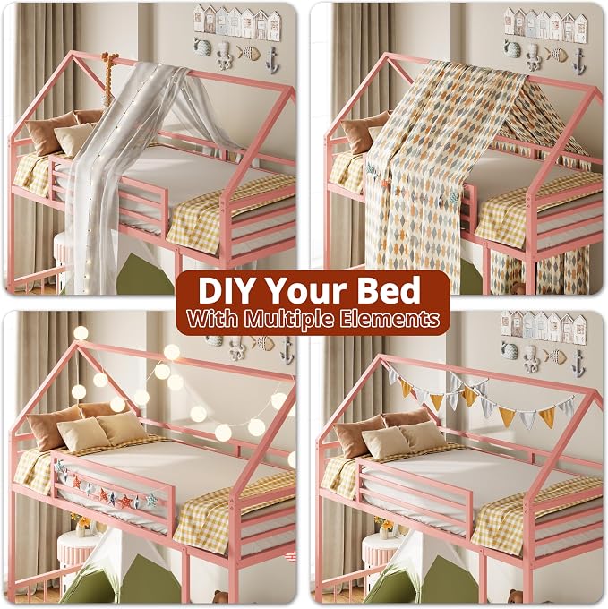 LIKIMIO Bunk Bed Twin Over Twin, House Bunk Bed Frame with Ladder, Pink