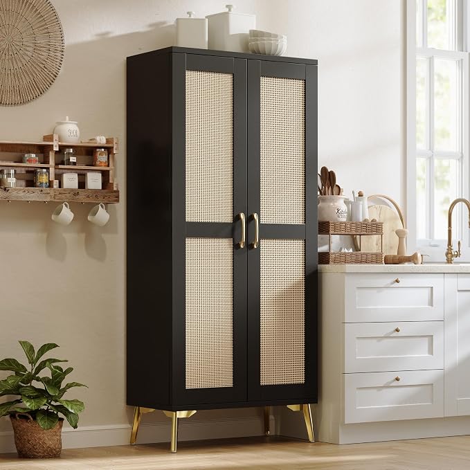 JASIWAY Tall Bathroom Storage Cabinet 57" Rattan Pantry Cabinet, Black | With Doors and Adjustable Shelves, Freestanding Linen Closet & Wardrobe for Bathroom Laundry Bedroom, Anti-Tipping Device