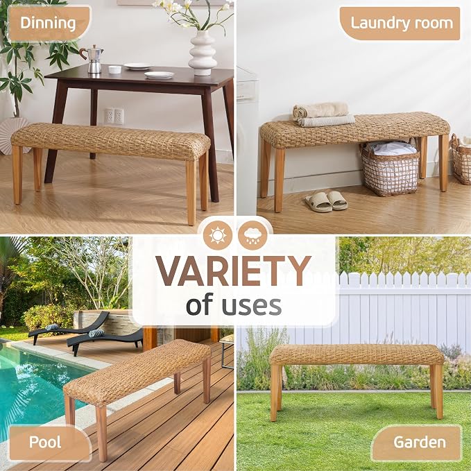 Outdoor Rattan Backless Bench with PE Wicker & Acacia Wood Frame, Natural