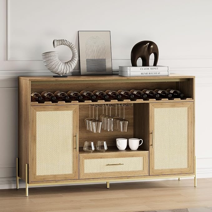 BELLEZE Coffee Bar Cabinet, 55" Rattan Liquor Cabinet, Boho Farmhouse Sideboard Buffet Cabinet with Storage, Accent Bar Cabinet for Living Room, Dining Room, and Entryway - Marcel (Camel)