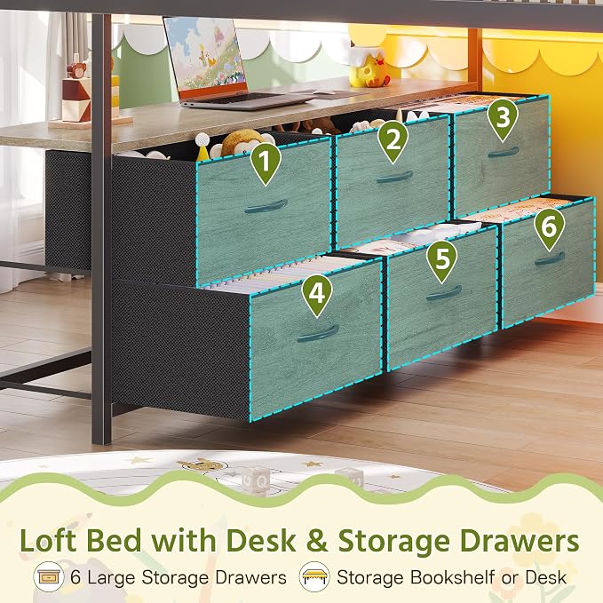 Dnxao Low Loft Bed Full Size with Desk and 9 Storage Drawers, Oak Gray