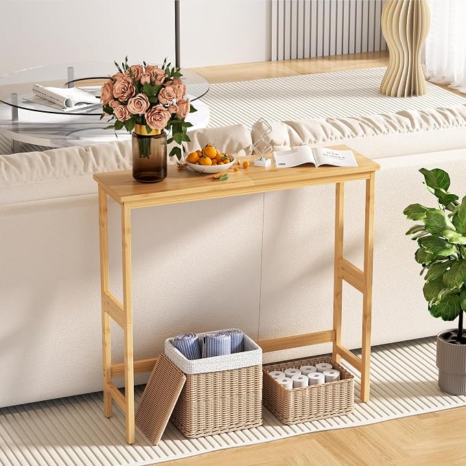VASMIA Console Table, Small Entryway Table, Narrow Bamboo Sofa Table, for Entryway, Living Room, Foyer, Natural