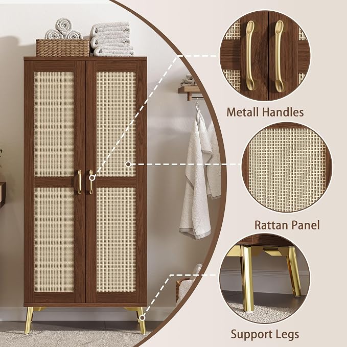 JASIWAY Tall Bathroom Storage Cabinet 57" Rattan Pantry Cabinet, Walnut | With Doors and Adjustable Shelves, Freestanding Linen Closet & Wardrobe for Bathroom Laundry Bedroom, Anti-Tipping Device